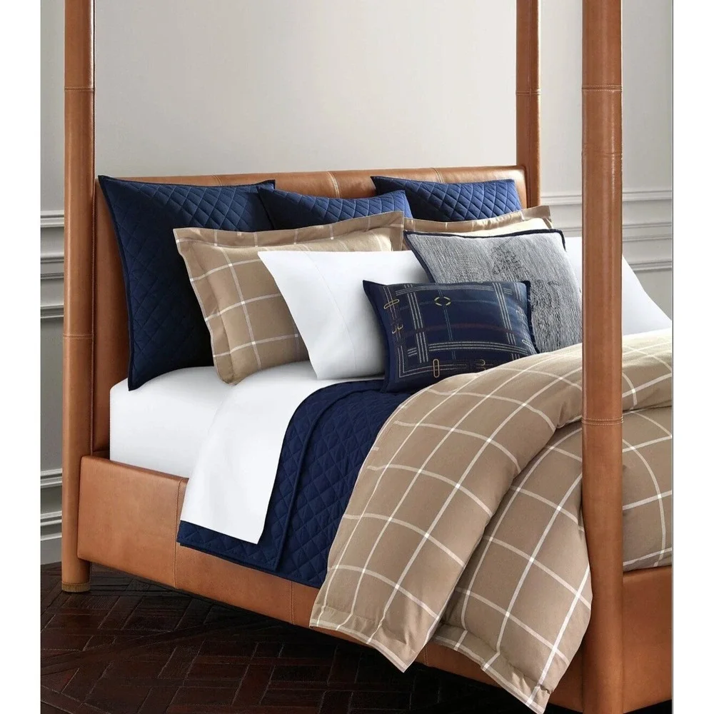Ralph Lauren Duvet Cover Full/Queen Windowpane Camel Cream Modern Equestrian NEW
